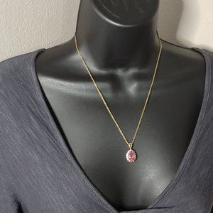 Gold Tone With Large Pink Stone Pendant Necklace 18.5 Inches Long
